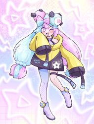 Rule 34 | 1girl, ;d, aqua hair, atom palace, black shorts, blush, boots, commentary, creatures (company), eyelashes, full body, game freak, high heel boots, high heels, highres, iono (pokemon), jacket, long hair, nintendo, one eye closed, open mouth, pink eyes, pink hair, pokemon, pokemon sv, purple footwear, sharp teeth, shirt, shorts, single leg pantyhose, sleeves past fingers, sleeves past wrists, smile, solo, star (symbol), teeth, thigh strap, tongue, twintails, upper teeth only, wide sleeves, yellow jacket
