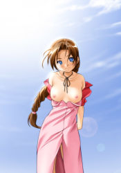 Rule 34 | 1990s (style), 1girl, aerith gainsborough, black ribbon, blue eyes, blue sky, breasts, brown hair, collarbone, day, dress, final fantasy, final fantasy vii, jewelry, long hair, looking at viewer, macha (come-come), medium breasts, neck ring, nipples, open clothes, open dress, pink dress, ribbon, sky, solo, standing, topless