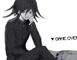 Rule 34 | 2boys, arm support, belt, black hair, black jacket, black pants, blue belt, cheek rest, closed mouth, commentary request, danganronpa (series), danganronpa v3: killing harmony, dual persona, game over, grey pants, hair between eyes, hand on own face, iumi urura, jacket, long sleeves, looking at viewer, lying, male focus, multiple boys, on back, open mouth, oma kokichi, pale skin, pants, simple background, sitting, white background