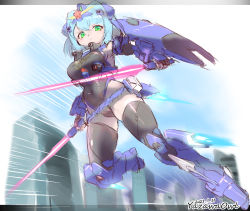 Rule 34 | 1girl, beam saber, blue destiny 02, blue hair, breasts, covered navel, dual wielding, floating, green eyes, gundam, gundam side story: the blue destiny, holding, holding sword, holding weapon, leotard, looking down, mecha musume, medium breasts, personification, shield, short hair, skin tight, solo, sword, thighhighs, v-fin, v-shaped eyebrows, weapon, yazawa owl