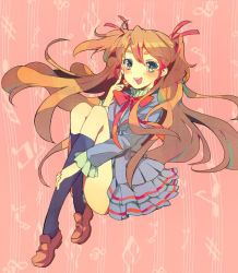 Rule 34 | 10s, 1girl, beamed quavers, black socks, blue shirt, blush, bow, brown hair, full body, green eyes, hair ribbon, happy, houjou hibiki, kneehighs, loafers, long hair, musical note, panties, pink background, pink bow, pointing, precure, quaver, ribbon, school uniform, sharp sign, shirt, shoes, skirt, socks, solo, staff (music), striped clothes, striped panties, suite precure, treble clef, twintails, two side up, underwear, yuzupon, yuzupon (applemilk)
