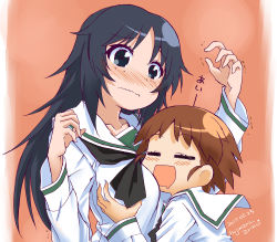 Rule 34 | 2girls, :d, artist name, black neckerchief, blouse, blue eyes, blue hair, grabbing another&#039;s breast, closed eyes, closed mouth, commentary, dated, embarrassed, female pervert, freckles, frown, fujimaru arikui, girls und panzer, grabbing, head on chest, long hair, long sleeves, looking at another, multiple girls, neckerchief, one-hour drawing challenge, ooarai school uniform, open mouth, pervert, sakaguchi karina, saliva, school uniform, serafuku, shirt, smile, standing, translated, trembling, wavy mouth, white shirt, yamagou ayumi