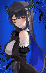 Rule 34 | 1girl, absurdres, aotake iro, asymmetrical horns, bare shoulders, black hair, blue hair, blush, breasts, colored inner hair, demon horns, fur trim, hair ornament, hand on own cheek, hand on own face, highres, hololive, hololive english, horns, large breasts, long hair, long sleeves, looking at viewer, mole, mole under eye, multicolored hair, nerissa ravencroft, nerissa ravencroft (1st costume), open mouth, red eyes, smile, solo, two-tone hair, uneven horns, virtual youtuber