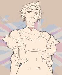 Rule 34 | abs, absurdres, ahoge, bell, cammy white, choker, crop top, furrowed brow, highres, jacket, looking at viewer, navel, norasuko, official alternate costume, open clothes, open jacket, scar, short hair, simple background, street fighter, street fighter 6, sweat, union jack