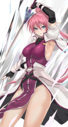 Rule 34 | 1girl, arm up, armor, armpits, black gloves, blue eyes, blush, breasts, cropped jacket, elbow gloves, eyelashes, faulds, fingerless gloves, gauntlets, gloves, hair between eyes, hair ribbon, highres, impossible clothes, laevatein (nanoha), large breasts, long hair, looking at viewer, lyrical nanoha, mahou shoujo lyrical nanoha, mahou shoujo lyrical nanoha a&#039;s, mexif, open mouth, pink hair, ponytail, puffy short sleeves, puffy sleeves, ribbon, short sleeves, sideboob, signum, sword, very long hair, weapon