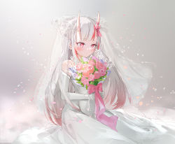 Rule 34 | 1girl, absurdres, alternate costume, blush, bouquet, bow, bracelet, bride, colored tips, dress, elbow gloves, eyelashes, falling petals, flower, gloves, grey background, highres, hololive, horn bow, horn ornament, horns, jewelry, long hair, multicolored hair, nakiri ayame, oni, pearl bracelet, petals, red eyes, rose, shancha, sitting, skin-covered horns, smile, solo, streaked hair, two-tone hair, veil, very long hair, virtual youtuber, wedding dress, white dress, white gloves, white hair