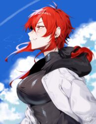 Rule 34 | 1girl, absurdres, ahoge, breasts, character request, cloud, cloudy sky, commentary, cross scar, day, earrings, fang, from side, highres, hood, hood down, hoodie, jewelry, kazuya (kozun), large breasts, light smile, long hair, open clothes, open hoodie, original, red eyes, red hair, scar, scar across eye, scar on face, scar on mouth, scar on nose, signature, sky, solo, symbol-only commentary, taut clothes, tomboy, triangle earrings, triforce earrings, turtleneck