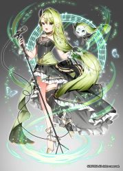 Rule 34 | 1girl, :d, artist name, beamed eighth notes, black bow, black dress, blue eyes, bow, breasts, choker, creatures (company), dress, eighth note, flower, game freak, gen 5 pokemon, gradient background, green hair, grey background, hair flower, hair ornament, high heels, highres, legendary pokemon, long hair, meloetta, meloetta (aria), microphone, music, musical note, mythical pokemon, nintendo, open mouth, personification, pokemon, pokemon (creature), quarter note, s2roves2, sash, simple background, singing, small breasts, smile, transparent butterfly, very long hair