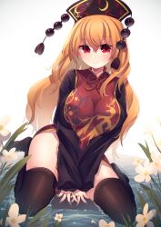 Rule 34 | 1girl, absurdres, animal print, bird print, black dress, black hat, black thighhighs, blush, bow, bowtie, breasts, chinese clothes, closed mouth, crescent, crescent print, dress, flower, hair between eyes, hat, highres, junko (touhou), large breasts, leaf, long hair, long sleeves, looking at viewer, mandarin collar, no shoes, orange hair, penglai tea, phoenix crown, phoenix print, pom pom (clothes), red eyes, red tabard, river, simple background, sitting, smile, solo, tabard, tassel, thighhighs, touhou, water, white background, wide sleeves, yellow bow, yellow bowtie, yellow flower