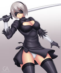Rule 34 | artist name, back cutout, black dress, black hairband, blindfold, breasts, cleavage, cleavage cutout, clothing cutout, dress, feather-trimmed sleeves, gloves, gluteal fold, gradient background, grigorart, hairband, large breasts, leotard, long sleeves, mole, mole under mouth, nier (series), nier:automata, signature, silver hair, solo, thighhighs, thighs, weapon, white leotard, 2b (nier:automata)