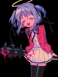 Rule 34 | 1girl, angel, arms behind back, black background, black ribbon, black thighhighs, blood, blood on clothes, blood on face, bloody weapon, blue hair, blush, bokusatsu tenshi dokuro-chan, closed eyes, club, club (weapon), cowboy shot, excalibolg, facing viewer, hair ribbon, halo, highres, holding, holding weapon, jacket, kanabou, leaning to the side, light blue hair, menma (enaic31), mitsukai dokuro, neck ribbon, open clothes, open jacket, open mouth, pleated skirt, red jacket, ribbon, shirt, skirt, smile, solo, spiked club, thighhighs, two side up, weapon, white shirt, white skirt, zettai ryouiki