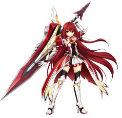 Rule 34 | 1girl, armor, armored dress, black thighhighs, braid, detached collar, elesis (elsword), elsword, full body, gloves, grand master (elsword), greaves, half updo, huge weapon, long hair, neckerchief, no nose, official art, red eyes, red hair, ress, serious, solo, standing, sword, thighhighs, weapon, white background, white gloves