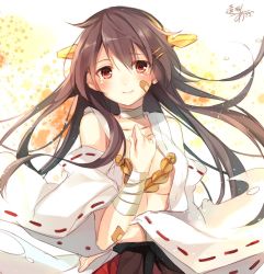 Rule 34 | 1girl, bandaid, bare shoulders, black hair, detached sleeves, hairband, haruna (kancolle), highres, japanese clothes, kantai collection, long hair, looking at viewer, nontraditional miko, one-hour drawing challenge, partially undressed, red eyes, ribbon-trimmed sleeves, ribbon trim, signature, smile, solo, thighhighs, toosaka asagi, torn clothes