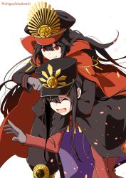 Rule 34 | &gt;:), 1boy, 1girl, :d, ^ ^, black cape, black hair, black headwear, black jacket, black pants, brother and sister, cape, closed eyes, closed mouth, commentary request, family crest, fate/grand order, fate (series), gloves, grey gloves, hair between eyes, hat, highres, jacket, koha-ace, long hair, long sleeves, oda nobukatsu (fate), oda nobunaga (fate), oda nobunaga (koha-ace), oda uri, open mouth, panikuru yuuto, pants, peaked cap, red cape, red eyes, red jacket, red pants, siblings, simple background, smile, twitter username, v-shaped eyebrows, very long hair, white background