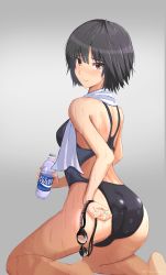 Rule 34 | 1girl, absurdres, amagami, ass, black hair, black one-piece swimsuit, bottle, brown eyes, commentary request, competition swimsuit, from behind, goggles, unworn goggles, gradient background, grey background, highres, kneeling, looking at viewer, looking back, mitojyaneeeeyo, nanasaki ai, one-piece swimsuit, pocari sweat, short hair, solo, swimsuit, towel, towel around neck, two-tone swimsuit