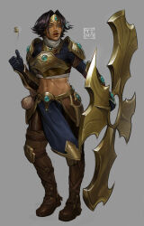 Rule 34 | 1girl, absurdres, alternate costume, armor, artist name, black gloves, boomerang, brown footwear, coin, dark-skinned female, dark skin, gloves, gold armor, grey background, grey scarf, highres, holding, holding weapon, league of legends, navel, scar, scarf, shiny skin, shoulder plates, simple background, sivir, solo, stomach, timo (timotimo628), weapon