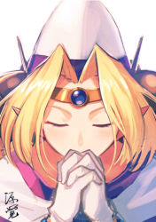 Rule 34 | 1990s (style), 1girl, bad id, bad pixiv id, blonde hair, closed eyes, filia ul copt, gloves, hat, ishitsu kenzou, official style, own hands clasped, own hands together, parted bangs, pointy ears, praying, retro artstyle, short hair, signature, slayers, slayers try, solo, white background, white gloves