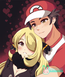 Rule 34 | 1boy, 1girl, abstract background, blonde hair, blush, breasts, brown hair, cleavage, commission, creatures (company), cynthia (pokemon), game freak, hair ornament, hair over one eye, hat, highres, hug, large breasts, long hair, megubunn, nintendo, parted lips, pokemon, pokemon dppt, pokemon sm, red (pokemon), smile, thick eyebrows