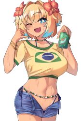 +_+ 1girl :d absurdres bead_necklace beads bikini bikini_under_clothes blonde_hair blue_bikini blue_eyes blue_hair blush bombergirl brazilian_flag_print brazilian_miku brazilian_miku_(cosplay) breasts can commentary_request cosplay cowboy_shot crop_top fang fingernails flower green_nails hair_flower hair_intakes hair_ornament hatsune_miku hibiscus highres holding holding_can jewelry large_breasts looking_at_viewer midriff multicolored_hair navel necklace nouka one_eye_closed open_fly open_mouth orange_flower pine_(bombergirl) shaka_sign shirt short_hair simple_background skin_fang smile smug solo sweat swimsuit t-shirt tan two-tone_hair vocaloid white_background yellow_nails yellow_pupils yellow_shirt