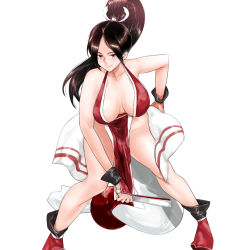 Rule 34 | 1girl, breasts, breasts apart, brown eyes, brown hair, fatal fury, female focus, hand fan, highres, holding, holding fan, large breasts, long hair, looking at viewer, matching hair/eyes, ninja, pelvic curtain, ponytail, revealing clothes, shiranui mai, smile, solo