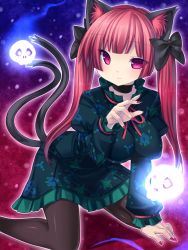 Rule 34 | 1girl, :3, alternate hairstyle, animal ears, arm support, blunt bangs, blush, cat ears, cat girl, cat tail, choker, extra ears, female focus, floating skull, gradient background, hime cut, kaenbyou rin, kneeling, looking at viewer, multiple tails, nail polish, pantyhose, pink eyes, red hair, sidelocks, smile, solo, spirit, tail, touhou, tsukumiya amane, twintails