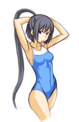 Rule 34 | 1girl, amahane tobari, arms up, breasts, collarbone, commentary request, competition swimsuit, cropped legs, fushigi na tsuki no yoru no tobari, hair tie, half updo, high ponytail, long hair, looking at viewer, medium breasts, mouth hold, one-piece swimsuit, purple eyes, rikushiki, sketch, solo, swimsuit, very long hair, white background