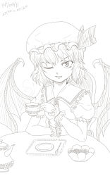 Rule 34 | 1girl, ;d, bat wings, cup, fang, food, haru (bellfon), hat, highres, mob cap, monochrome, one eye closed, open mouth, remilia scarlet, smile, steam, sweets, teacup, teapot, touhou, wings, wink