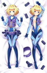 Rule 34 | 10s, 1girl, 2girls, absurdres, arm up, bad id, bad pixiv id, bed sheet, belt, belt pouch, belt skirt, blonde hair, blue eyes, blunt bangs, blush, bodysuit, bracer, breasts, cellphone, cellphone charm, center opening, charm (object), collarbone, dakimakura (medium), embarrassed, from above, frown, full body, gloves, hair intakes, hairband, heavy object, highres, indoors, kotetu han, looking at viewer, lying, milinda brantini, multiple girls, multiple views, narrow waist, navel, no bra, on back, on bed, open clothes, open vest, parted lips, phone, pouch, raised eyebrows, sailor collar, short hair, small breasts, smartphone, solo focus, turtleneck, unzipped, vest