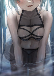 Rule 34 | 1girl, :d, absurdres, all fours, bikini, black bikini, blue hair, breasts, cleavage, collarbone, hatsune miku, head out of frame, highres, long hair, makoto (xxgk5833), medium breasts, miniskirt, navel, open mouth, see-through, skirt, smile, solo, swimsuit, twintails, very long hair, vocaloid