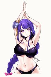 Rule 34 | 1girl, armpits, arms up, artist name, bikini, black bikini, braid, breasts, cleavage, closed mouth, genshin impact, hair ornament, large breasts, long hair, looking to the side, low-braided long hair, low-tied long hair, mole, mole under eye, navel, purple eyes, purple hair, raiden shogun, relaxjon, shiny skin, simple background, solo, standing, swimsuit, upper body, white background