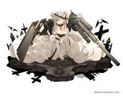 Rule 34 | 1girl, 88 flak (ash arms), ash arms, bandage over one eye, bandaged arm, bandages, bat (animal), between breasts, black bow, black collar, bow, breasts, brown hair, cleavage cutout, clothing cutout, collar, commentary request, cross, detached sleeves, dress, flower, ghost, graveyard, habit, halloween, halloween costume, highres, kneeling, layered dress, long dress, long hair, looking at viewer, official art, pantyhose, rigging, rose, solo, tombstone, undeedking, watermark, white dress, white flower, white pantyhose, white rose, white sleeves, yellow eyes, zipper