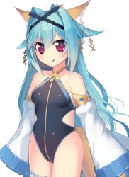 Rule 34 | 1girl, :q, animal ears, animated, animated gif, bare shoulders, blinking, blue hair, blush, breasts, detached sleeves, fox ears, fox tail, hair intakes, hair ornament, kashiwamochi yomogi, long hair, looking at viewer, mogami yoshiaki (sengoku collection), one-piece swimsuit, red eyes, school swimsuit, sengoku collection, simple background, small breasts, smile, solo, swimsuit, tail, tongue, tongue out, very long hair, white background
