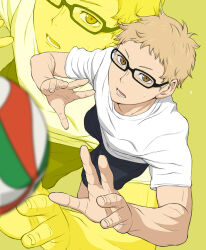 Rule 34 | 1boy, ball, black shorts, blonde hair, brown eyes, from above, glasses, haikyuu!!, looking at viewer, lower teeth only, male focus, official style, open mouth, shirt, short hair, short sleeves, shorts, solo, t-shirt, teeth, tsukishima kei, volleyball, volleyball (object), white shirt, yamamiya hiroshi, zoom layer