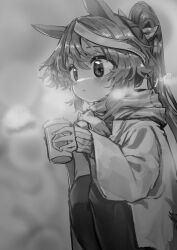 Rule 34 | 1girl, animal ears, blurry, blurry background, blush, breath, coat, coffee cup, commentary request, cup, depth of field, disposable cup, feet out of frame, feng feng (yopokaede), greyscale, hair between eyes, hair ribbon, highres, holding, holding cup, horse ears, knees up, long hair, long sleeves, monochrome, multicolored hair, pantyhose, parted lips, ponytail, ribbon, scarf, sleeves past wrists, solo, squatting, streaked hair, tokai teio (umamusume), umamusume, very long hair, wide sleeves