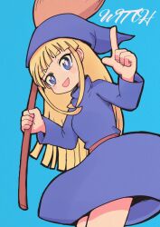 Rule 34 | 1girl, blonde hair, blue dress, blue headwear, blush stickers, broom, character name, dot nose, dress, from below, holding, holding broom, index finger raised, long hair, looking at viewer, open mouth, pointy hat, puyopuyo, seseringo, sidelocks, simple background, solo, witch, witch (puyopuyo)