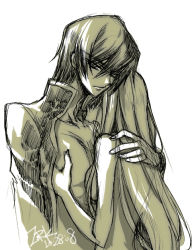 Rule 34 | 00s, 1boy, 1girl, c.c., clothed male nude female, code geass, couple, creayus, dated, fangs, green theme, hetero, holding, hug, lelouch vi britannia, licking, long hair, monochrome, nude, protecting, simple background, teeth