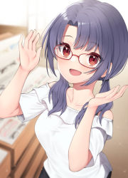 Rule 34 | 1girl, :d, binsen, blue hair, blurry, blurry background, blush, breasts, collarbone, dark blue hair, depth of field, glasses, hands up, idolmaster, idolmaster million live!, looking at viewer, medium breasts, open mouth, parted bangs, red-framed eyewear, red eyes, shirt, shop, smile, solo, takayama sayoko, twintails, upper body, white shirt