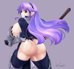 Rule 34 | 1girl, armor, armor knight (disgaea), ass, backboob, boots, bottomless, breasts, curvy, disgaea, disgaea d2, from behind, gauntlets, gigantic breasts, huge ass, huge breasts, kermund, leotard, long hair, looking at viewer, looking back, makai senki disgaea, purple hair, red eyes, shiny skin, sideboob, solo, standing, sword, tagme, thick thighs, thigh boots, thighhighs, thighs, very long hair, weapon