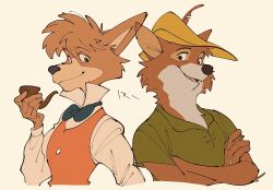 Rule 34 | dog, fox, furry, furry male, furry with furry, highres, holding, holding smoking pipe, looking at viewer, male focus, meitantei holmes, robin hood (disney), robin hood (disney) (character), sherlock holmes (meitantei holmes), simple background, smile, smoking pipe, uochandayo, white background