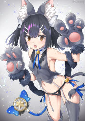 Rule 34 | 1girl, animal ear fluff, animal ears, animal hands, armpits, asymmetrical legwear, bare shoulders, bell, black hair, black panties, blue ribbon, breasts, brown eyes, chestnut mouth, collared shirt, commentary request, dress, fang, fate/kaleid liner prisma illya, fate (series), garter straps, gloves, gradient background, grey background, grey shirt, grey thighhighs, hair between eyes, hair ornament, hair up, hairclip, hands up, jingle bell, magical sapphire, miyu edelfelt, navel, open mouth, panties, paw gloves, ribbon, shirt, sideboob, sleeveless, sleeveless dress, small breasts, solo, sparkle, tail, tail raised, thighhighs, thighhighs pull, twintails, twitter username, tyone, underwear, uneven legwear, wand, white background, white ribbon