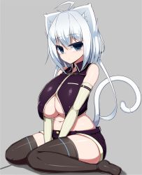 Rule 34 | 1girl, absurdres, animal ears, bare shoulders, belly, black thighhighs, blue eyes, boots, breasts, cat ears, cat tail, felt whitesnow, grey background, highres, huge breasts, navel, original, plump, sawati, short hair, short shorts, shorts, simple background, sitting, solo, tail, thick thighs, thigh boots, thighhighs, thighs, underboob, wariza, white hair