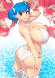 Rule 34 | 1girl, ass, bare shoulders, bikini, blue hair, breasts, butt crack, erkaz, from behind, hair ornament, hair scrunchie, highres, huge ass, huge breasts, instrument, kazoo, long hair, looking at viewer, looking back, original, red eyes, rina atherina, scrunchie, shiny skin, sideboob, smile, solo, swimsuit, thick thighs, thighs, twintails, water, wet