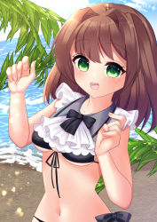 Rule 34 | 1girl, :d, bare arms, beach, bikini, black bikini, blush, breasts, brown hair, clip studio paint (medium), collarbone, commentary request, day, front-tie bikini top, front-tie top, green eyes, hair intakes, horizon, long hair, medium breasts, misaki (misaki86), navel, ocean, open mouth, original, outdoors, sand, smile, solo, swimsuit, teeth, upper teeth only, water