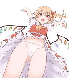 Rule 34 | 1girl, :d, arms up, ascot, blonde hair, cameltoe, commentary, crystal, fang, flandre scarlet, frilled shirt collar, frilled skirt, frills, from below, gluteal fold, hair between eyes, hair ribbon, highres, looking at viewer, looking down, miyo (ranthath), navel, open mouth, panties, red eyes, red ribbon, red skirt, red vest, ribbon, shirt, short hair, short sleeves, side ponytail, simple background, skin fang, skirt, skirt set, smile, solo, touhou, underwear, upskirt, vest, white background, white panties, white shirt, wings, yellow ascot