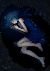 Rule 34 | 1girl, 2015, barefoot, blue dress, blue hair, blue ribbon, dated, dress, closed eyes, fetal position, from above, full body, highres, lying, nana mikoto, on side, original, partially submerged, puddle, ribbon, ripples, short hair, signature, sleeping, solo, water