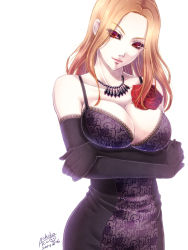 Rule 34 | 10s, 1girl, achikoako, bare shoulders, black sclera, breast hold, breast rest, breasts, cleavage, colored sclera, crossed arms, dress, elbow gloves, flower, gloves, itori (tokyo ghoul), jewelry, lace, large breasts, long hair, looking at viewer, necklace, orange hair, red eyes, red flower, red rose, rose, seductive smile, smile, solo, tokyo ghoul, white background