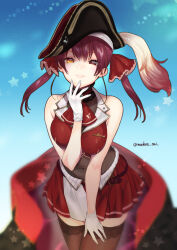 Rule 34 | 1girl, arm between breasts, bare arms, bare shoulders, belt, between breasts, bicorne, black thighhighs, breasts, brown eyes, commentary, gloves, hand on own thigh, hat, heterochromia, highres, hololive, houshou marine, large breasts, leaning forward, long hair, looking at viewer, madara sai, orange eyes, parted lips, pirate hat, pleated skirt, red hair, red skirt, skirt, smile, solo, star (symbol), thighhighs, twintails, twitter username, virtual youtuber, white gloves, zettai ryouiki
