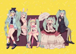 Rule 34 | 5girls, :d, :o, alternate costume, animal ears, blowing bubbles, chewing gum, couch, garter belt, garter straps, gloves, green hair, hat, hatsune miku, jacket, jewelry, kneehighs, kneeling, loafers, lolita fashion, long hair, multiple girls, navel, necklace, open mouth, rabbit ears, ririfa, school uniform, serafuku, shoes, short shorts, shorts, sitting, smile, socks, striped clothes, striped legwear, striped thighhighs, thighhighs, twintails, umbrella, v, vocaloid, yellow background, yellow eyes