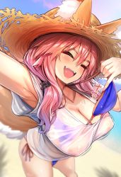 Rule 34 | 1girl, animal ear fluff, animal ears, bikini, blue bikini, blush, breasts, clothes pull, covered erect nipples, ears through headwear, fate/grand order, fate (series), fox ears, fox girl, fox tail, hair between eyes, highres, large breasts, long hair, one-piece swimsuit pull, open mouth, pink hair, see-through, see-through shirt, side-tie bikini bottom, smile, solo, swimsuit, tail, tamamo (fate), tamamo no mae (fate/extra), tamamo no mae (swimsuit lancer) (fate), tamamo no mae (swimsuit lancer) (second ascension) (fate), thighs, undressing, wet, wet clothes, wisespeak