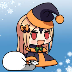 Rule 34 | 1girl, :d, abigail williams (fate), alternate costume, black bow, black capelet, black dress, black hat, blonde hair, blush stickers, bow, capelet, chibi, dress, fate/grand order, fate (series), full body, hair bow, hat, holding, holding sack, keyhole, long hair, long sleeves, looking at viewer, maximilian-destroyer, meme, open mouth, orange bow, padoru (meme), parted bangs, red eyes, sack, santa costume, santa hat, sleeves past wrists, smile, snowflakes, solo, very long hair, wide sleeves